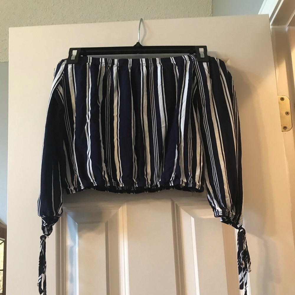 super cute navy and white off-the-shoulder top